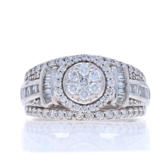 White Gold Diamond All-In-One Cluster Halo Engagement Ring - 10k Rnd 1.00ctw